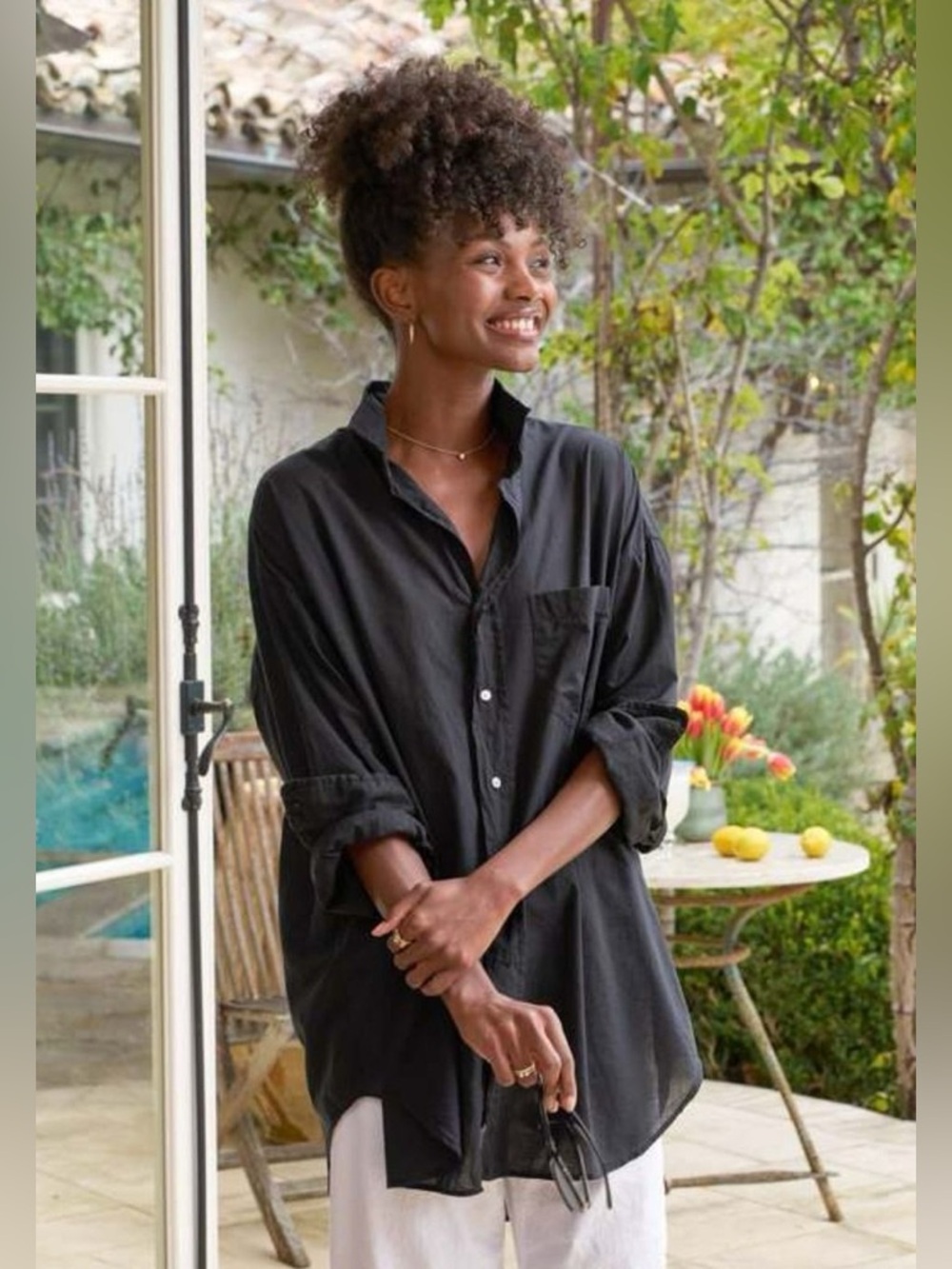 Frank & Eileen Linen Mackenzie Button Up Shirt OS Oversized Women Black - Picture 3 of 11